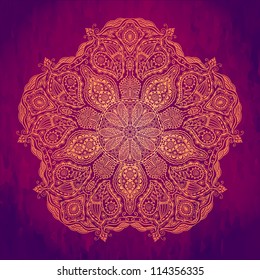 Ornamental round lace pattern, circle background with many details, looks like crocheting handmade lace on grunge background, lacy arabesque designs. Orient traditional ornament. Oriental motif