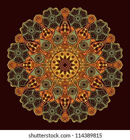Ornamental round lace pattern, circle background with many details, looks like crocheting handmade lace on grunge background, lacy arabesque designs. Orient traditional ornament. Oriental motif