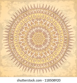 Ornamental round lace pattern, circle background with many details on grunge background, lacy arabesque designs. Orient traditional ornament. Oriental motif