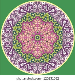 Ornamental round lace pattern, circle background with many details, looks like crocheting handmade lace, abstract circular pattern of arabesques (vector illustration).