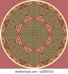 Ornamental round lace pattern, circle background with many details, looks like crocheting handmade lace, abstract circular pattern of arabesques (vector illustration).