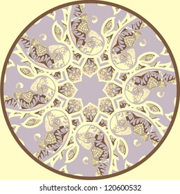 Ornamental round lace pattern, circle background with many details, looks like crocheting handmade lace, abstract circular pattern of arabesques (vector illustration).