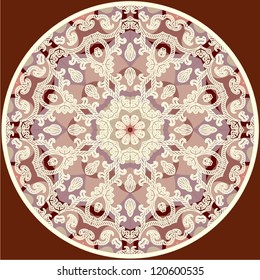 Ornamental round lace pattern, circle background with many details, looks like crocheting handmade lace, abstract circular pattern of arabesques (vector illustration).