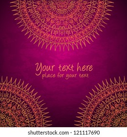 Ornamental round lace pattern, circle background with many details, looks like crocheting handmade lace on grunge background, lacy arabesque designs. Card template