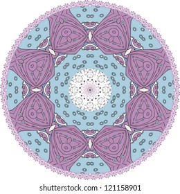 Ornamental round lace pattern, circle background with many details, looks like crocheting handmade lace, abstract circular pattern of arabesques (vector illustration).