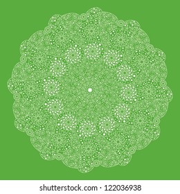 Ornamental round lace pattern, circle background with many details, looks like crocheting handmade lace on grunge background.