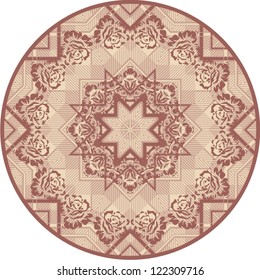 Ornamental round lace pattern, circle background with many details, looks like crocheting handmade lace, abstract  rosette of arabesques (vector illustration).