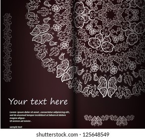 Ornamental round lace pattern, circle background with many details, looks like crocheting handmade lace on grunge background.New brushes are created.