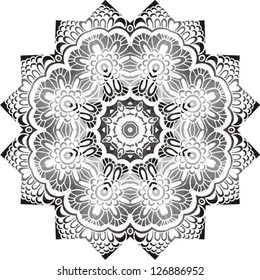 Ornamental round lace pattern, circle background with many details, looks like crocheting handmade lace, abstract rosette of arabesques (vector illustration).