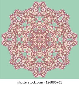 Ornamental round lace pattern, circle background with many details, looks like crocheting handmade lace, abstract rosette of arabesques (vector illustration).