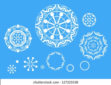 Ornamental round lace pattern, circle background with many details, looks like crocheting handmade lace, lacy arabesque designs. Orient traditional ornament. Blue color