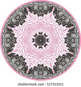 Ornamental round lace pattern, circle background with many details, looks like crocheting handmade lace, abstract rosette of arabesques (vector illustration).