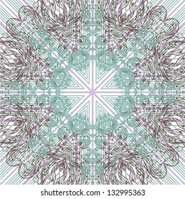 Ornamental round lace pattern, circle background with many details, looks like crocheting handmade lace, abstract rosette of arabesques (vector illustration).