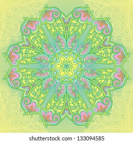 Ornamental round lace pattern, circle background with many details. Ornate floral mandala.