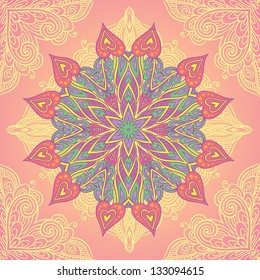 Ornamental round lace pattern, circle background with many details. Ornate floral mandala.