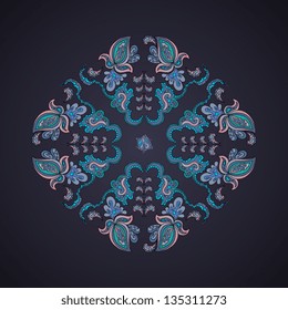 Ornamental round lace pattern, circle background with many details.