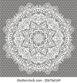 Ornamental round lace pattern, circle background with many details, looks like crocheting handmade lace, abstract circular pattern of arabesques (vector illustration). 