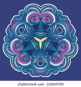 Ornamental round lace pattern, circle background with many details, looks like crocheting handmade lace on blue background, lacy arabesque designs. Orient traditional ornament. Oriental motif