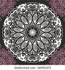 Ornamental round lace pattern, circle background with many details, looks like crocheting handmade lace, abstract circular pattern of arabesques (vector illustration).
