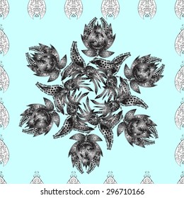 Ornamental round lace pattern, circle background with many details, looks like crocheting handmade lace, abstract circular pattern of arabesques. Vector illustration. 