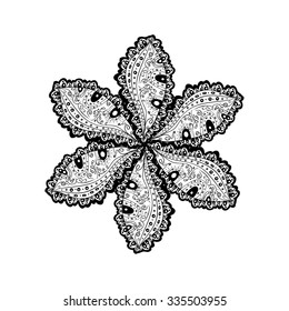 Ornamental round lace pattern, circle background with many details, looks like crocheting handmade lace, abstract circular pattern of arabesques. Vector illustration.