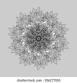 Ornamental round lace pattern, circle background with many details, looks like crocheting handmade lace, abstract circular pattern of arabesques. Vector illustration.