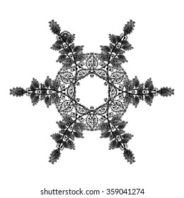 Ornamental round lace pattern, circle background with many details, looks like crocheting handmade lace, abstract circular pattern of arabesques. Vector illustration.