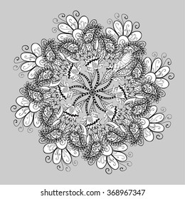 Ornamental round lace pattern, circle background with many details, looks like crocheting handmade lace, abstract circular pattern. Vector illustration.
