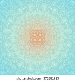 Ornamental round lace pattern, circle background with many details, looks like crocheting handmade lace. White Mandala. Blue and yellow colors, gradient. Seamless pattern. Vector.
