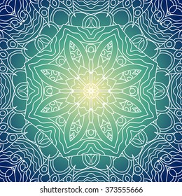 Ornamental round lace pattern, circle background with many details, looks like handmade lace. White Mandala. Blue and yellow colors, gradient. Seamless pattern. Use it as web, fabric, wrapping