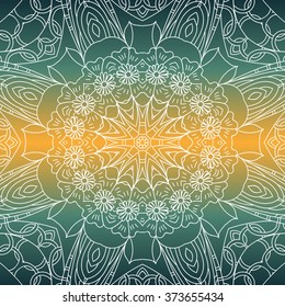 Ornamental round lace pattern, circle background with many details, looks like crocheting handmade lace. White Mandala. Spring colors, gradient. Seamless pattern. Vector.