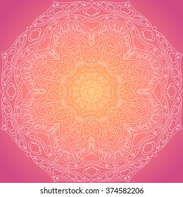 Ornamental round lace pattern, circle background with many details, looks like crocheting handmade lace. White Mandala. Spring colors, gradient. Seamless pattern. Vector.
