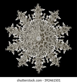 Ornamental round lace pattern, circle background with many details, looks like crocheting handmade lace, abstract circular pattern of arabesques. Vector illustration