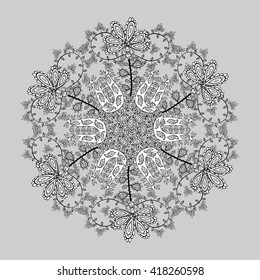Ornamental round lace pattern, circle background with many details, looks like crocheting handmade lace. Vector illustration.