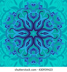 Ornamental round lace pattern, circle background with many details, looks like crocheting handmade lace on grunge background