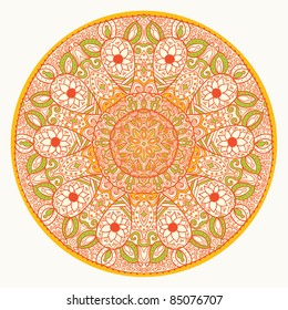 ornamental round lace pattern, circle background with many details, looks like crocheting handmade lace, abstract circular pattern of arabesques in autumnal theme
