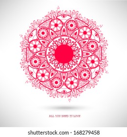 Ornamental round lace pattern. Delicate circle. Valentine's Day card. Love background