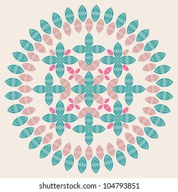 ornamental round lace pattern of leaves and petals.
