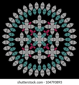 ornamental round lace pattern of leaves and petals.