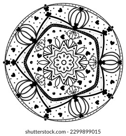 Patrón ornamental de encaje redondo o decoración de arte de la corona de flores de Mandala y mandala para colorear libro tarjeta de saludo decoración de tapicería de baldosas y fondo blanco de tatuaje de henna india