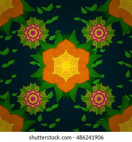 ornamental round lace pattern on dark blue background. Vector seamless texture with mandala. Yellow, green, orange.