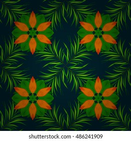 ornamental round lace pattern on dark blue background. Vector seamless texture with mandala. Yellow, green, orange.
