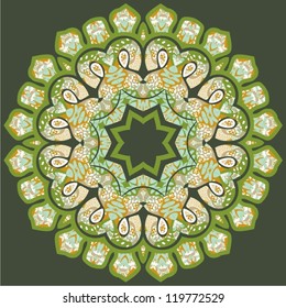 Ornamental round lace pattern for paisley , circle background with many details, looks like crocheting handmade lace, abstract circular pattern of arabesques (vector illustration).