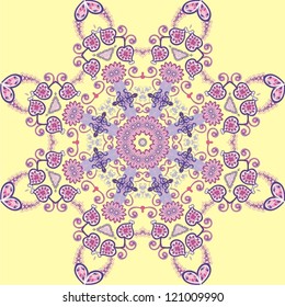 Ornamental round lace pattern for paisley , circle background with many details, looks like crocheting handmade lace, abstract circular pattern of arabesques (vector illustration).