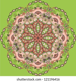 Ornamental round lace pattern for paisley , circle background with many details, looks like crocheting handmade lace, abstract circular pattern of arabesques (vector illustration).