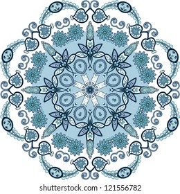 Ornamental round lace pattern for paisley , circle background with many details, looks like crocheting handmade lace, abstract circular pattern of arabesques (vector illustration).