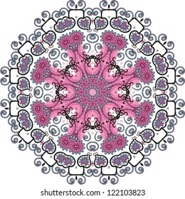 Ornamental round lace pattern for paisley , circle background with many details, looks like crocheting handmade lace, abstract circular pattern of arabesques (vector illustration).