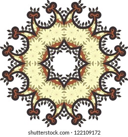 Ornamental round lace pattern for paisley , circle background with many details, looks like crocheting handmade lace, abstract circular pattern of arabesques (vector illustration).