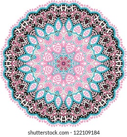 Ornamental round lace pattern for paisley , circle background with many details, looks like crocheting handmade lace, abstract circular pattern of arabesques (vector illustration).