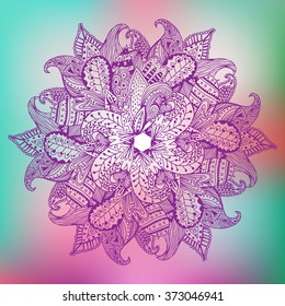 Ornamental round lace pattern in purple, circle background with many details. Lace looking, lacy arabesque designs. Orient traditional ornament. Henna motif.